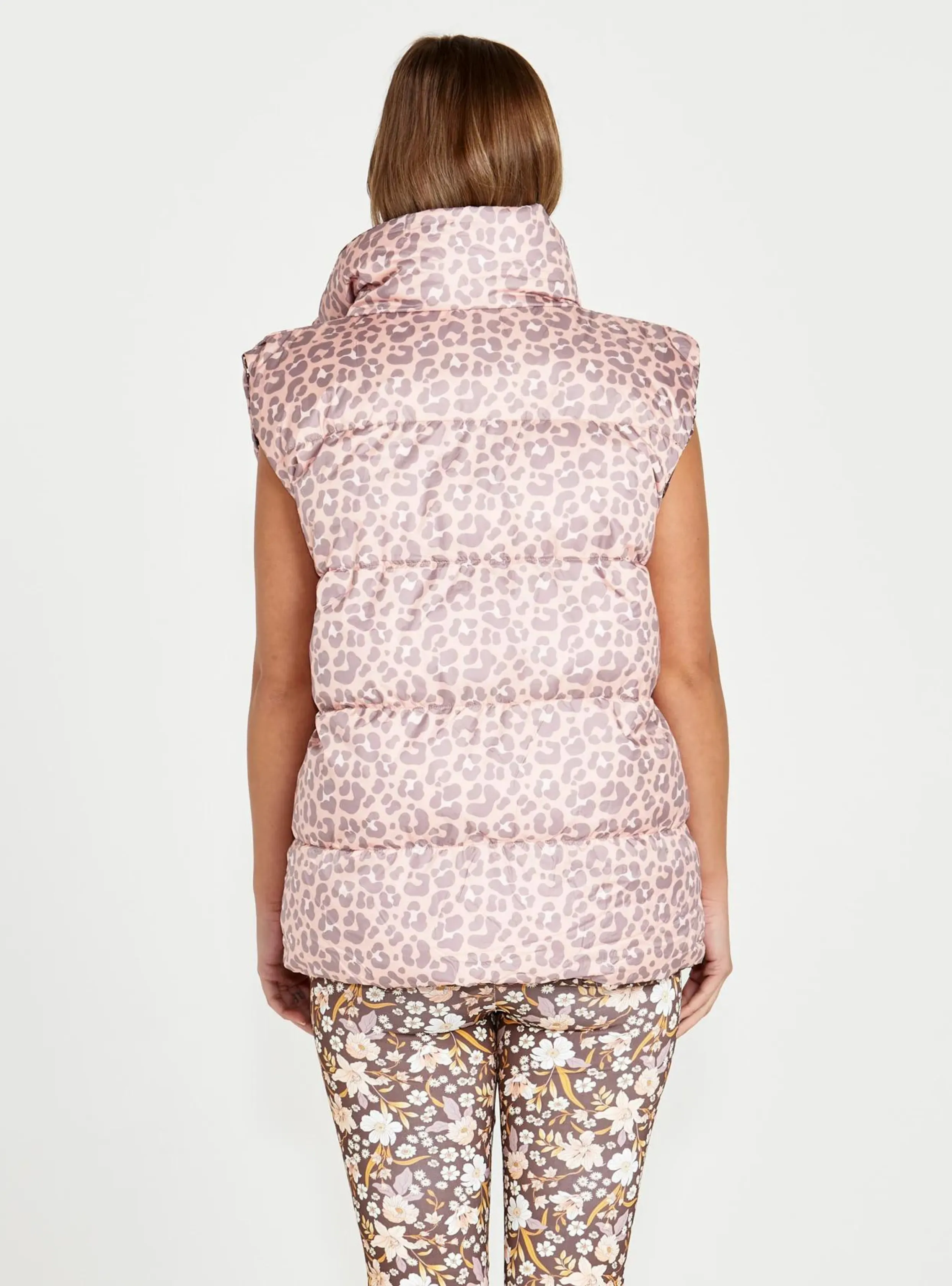 ALESSIA REVERSIBLE PUFFER VEST - Choc Floral/Pink Cheetah