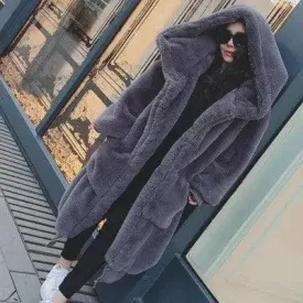 Autumn And Winter Thick Long Hooded Fur Coat