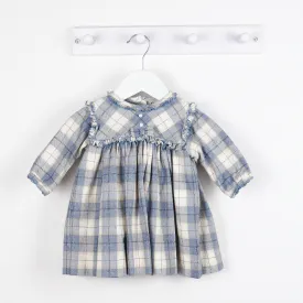 AW Sarah Louise Girls Lemon & Blue Smocked Checked Dress