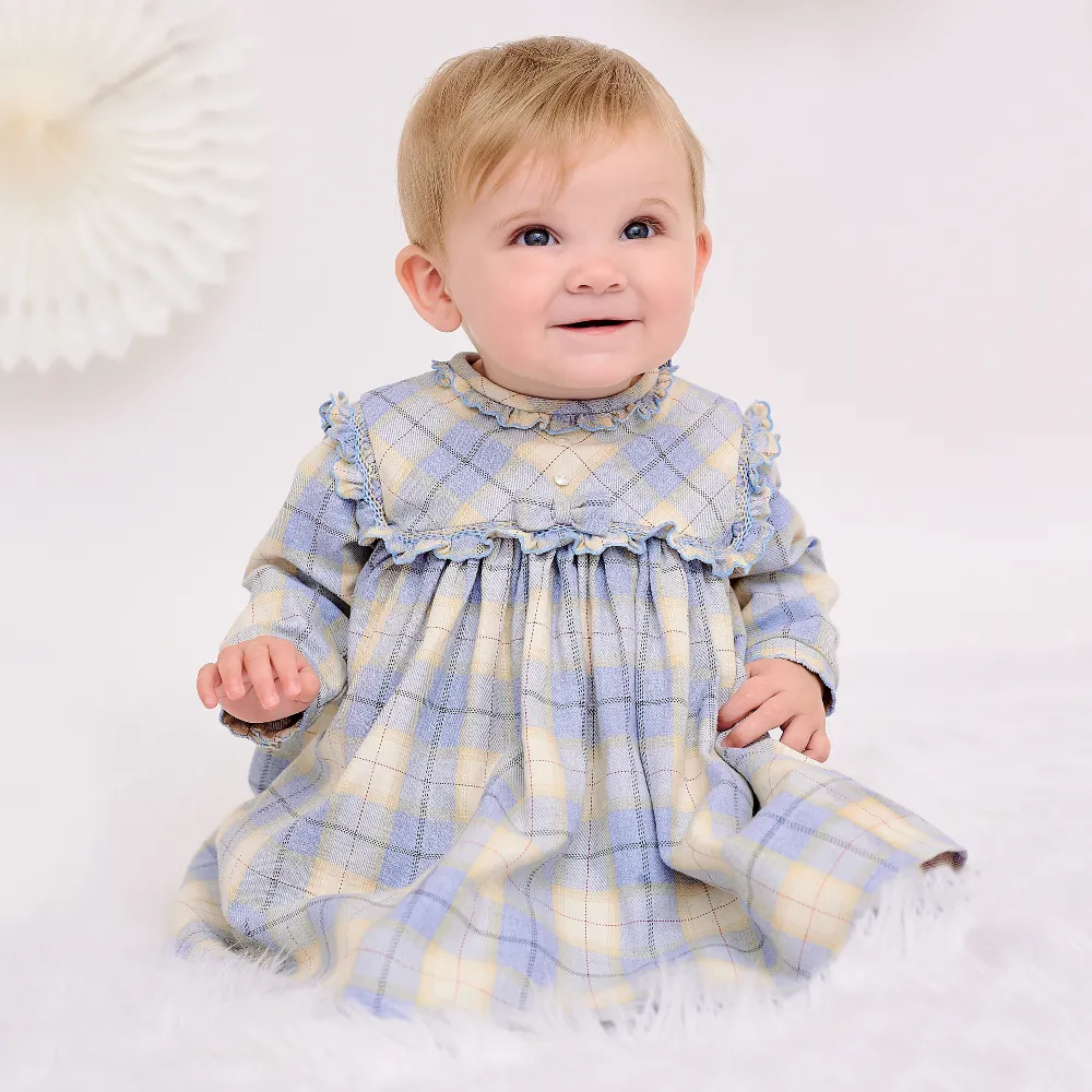 AW Sarah Louise Girls Lemon & Blue Smocked Checked Dress