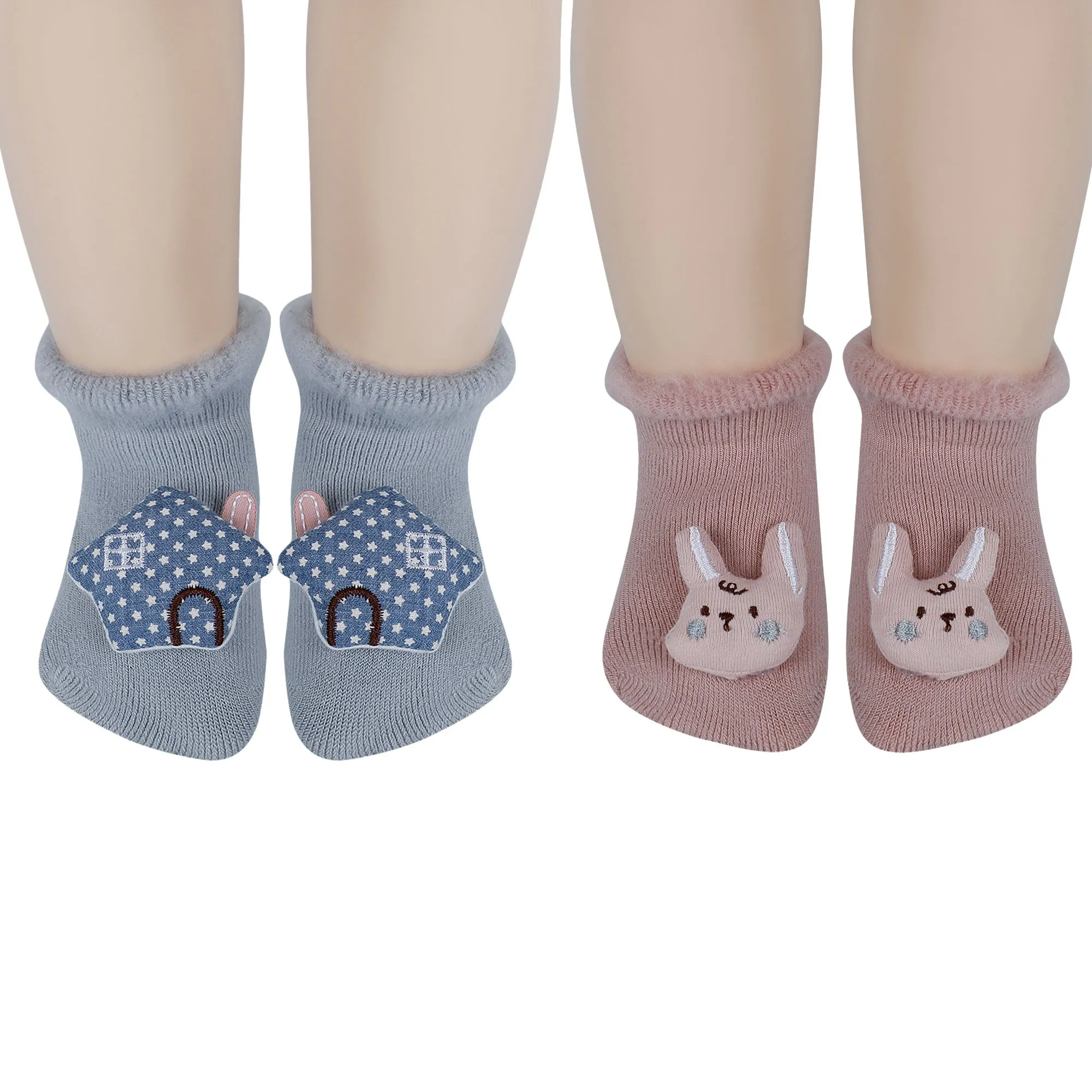 Baby Moo 3D Bunny Home Anti-Skid Socks Pack of 2 - Peach, Blue