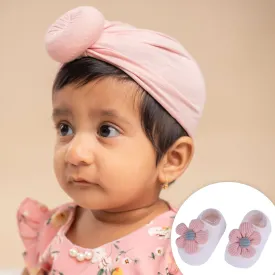 Baby Moo 3D Knot Turban Cap And Matching Floral Socks Set - Pink