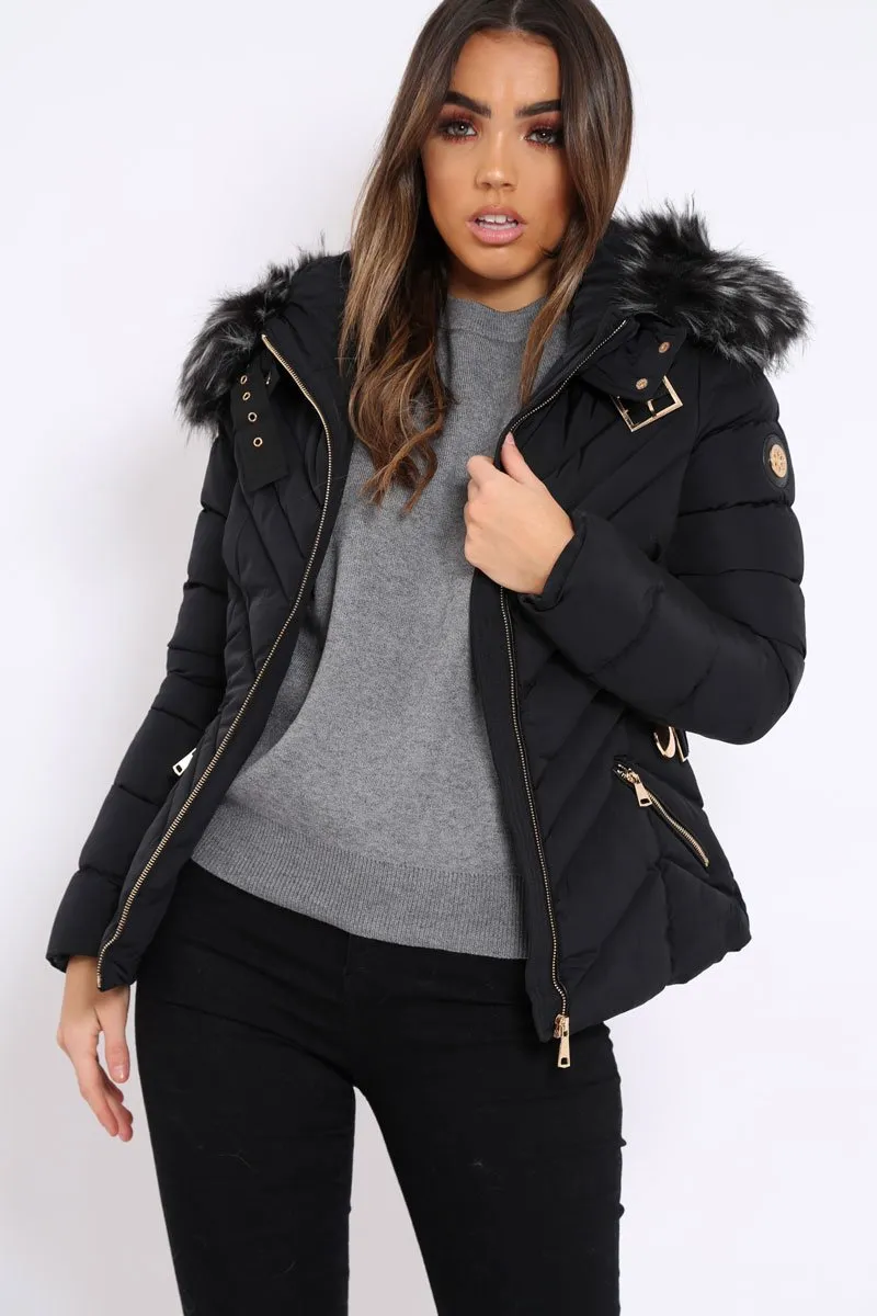 Black Quilted Coat with Fur Hood - Eleena