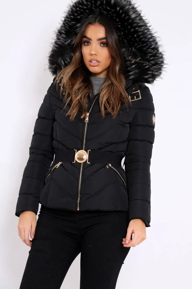 Black Quilted Coat with Fur Hood - Eleena