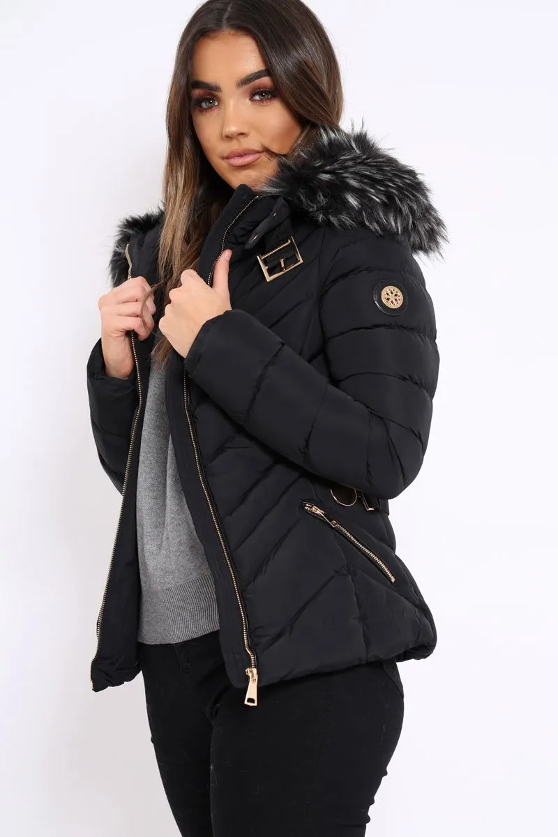 Black Quilted Coat with Fur Hood - Eleena