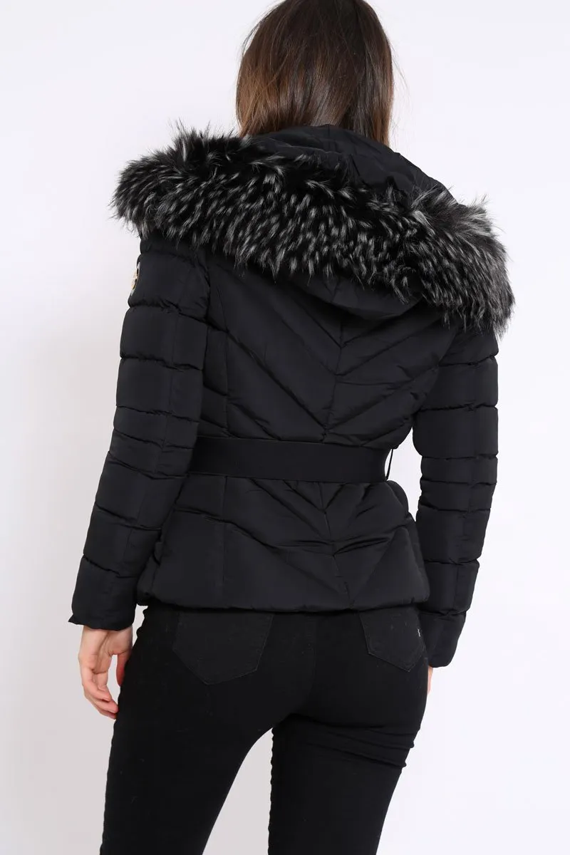 Black Quilted Coat with Fur Hood - Eleena