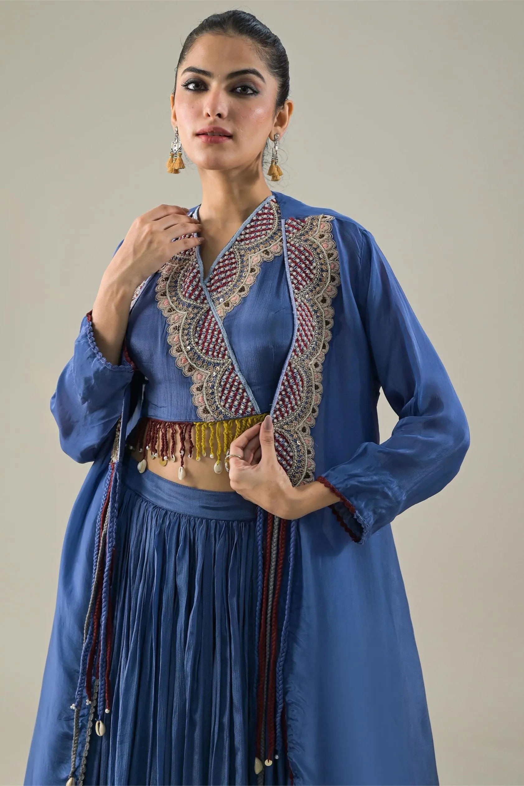 Blue Embroidered Chinon Silk Shrug & Skirt Set