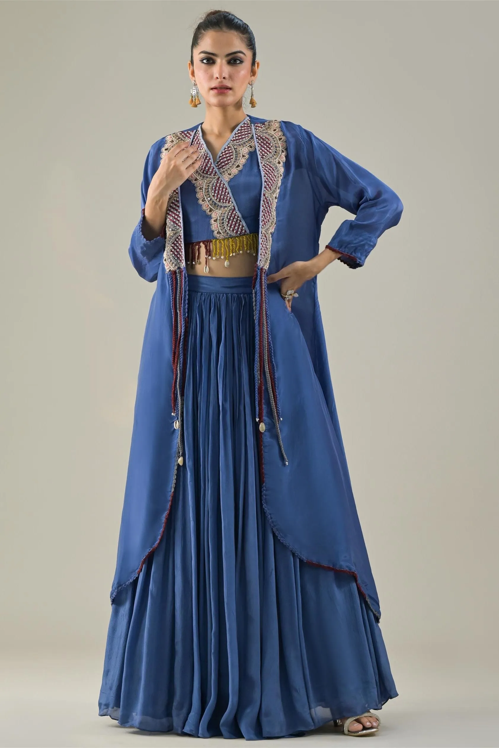 Blue Embroidered Chinon Silk Shrug & Skirt Set