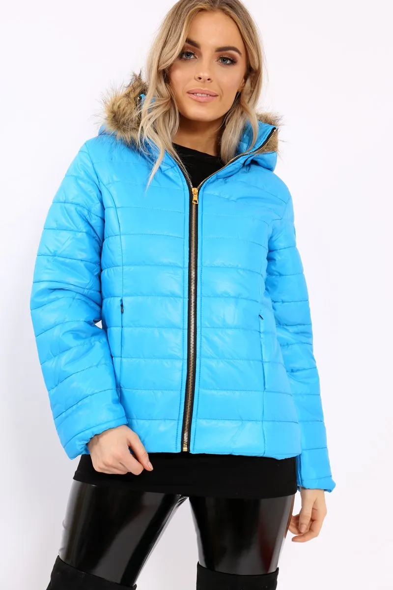 Blue Shiny Puffer Coat with Fur Hood - Idy