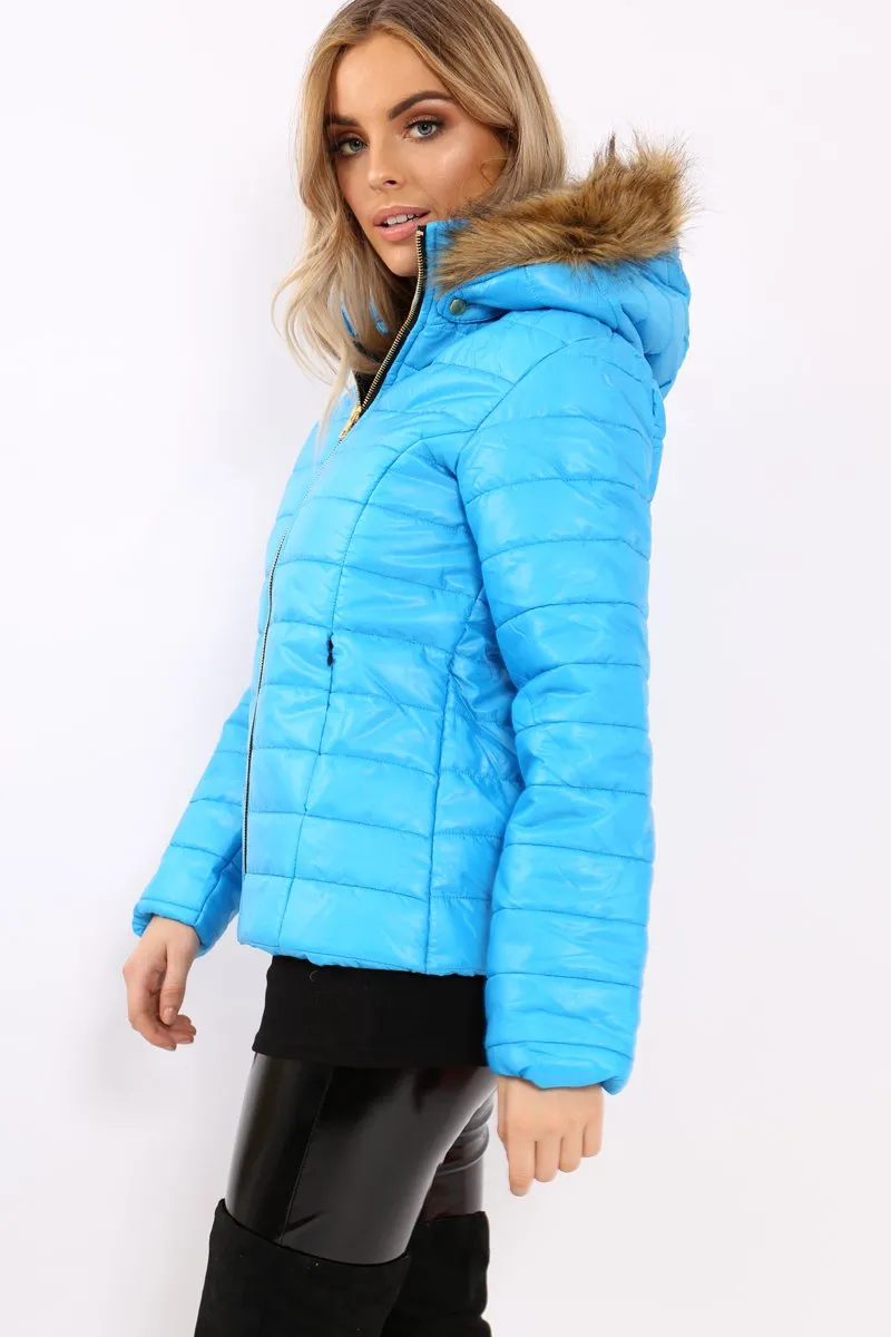 Blue Shiny Puffer Coat with Fur Hood - Idy