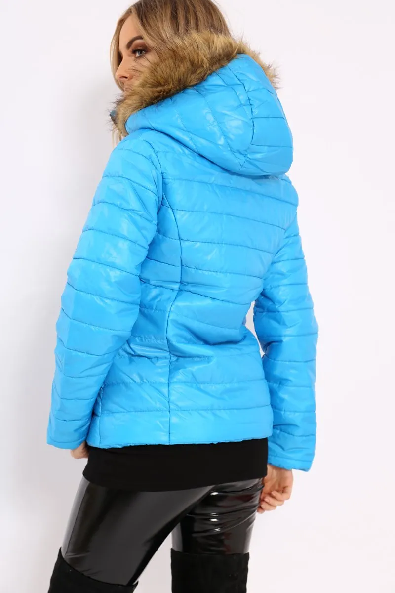 Blue Shiny Puffer Coat with Fur Hood - Idy