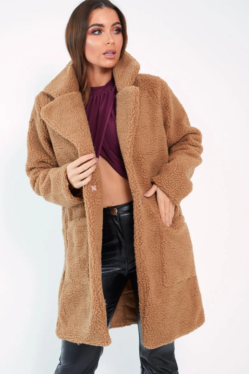 Camel Borg Longline Oversized Coat - Acadia