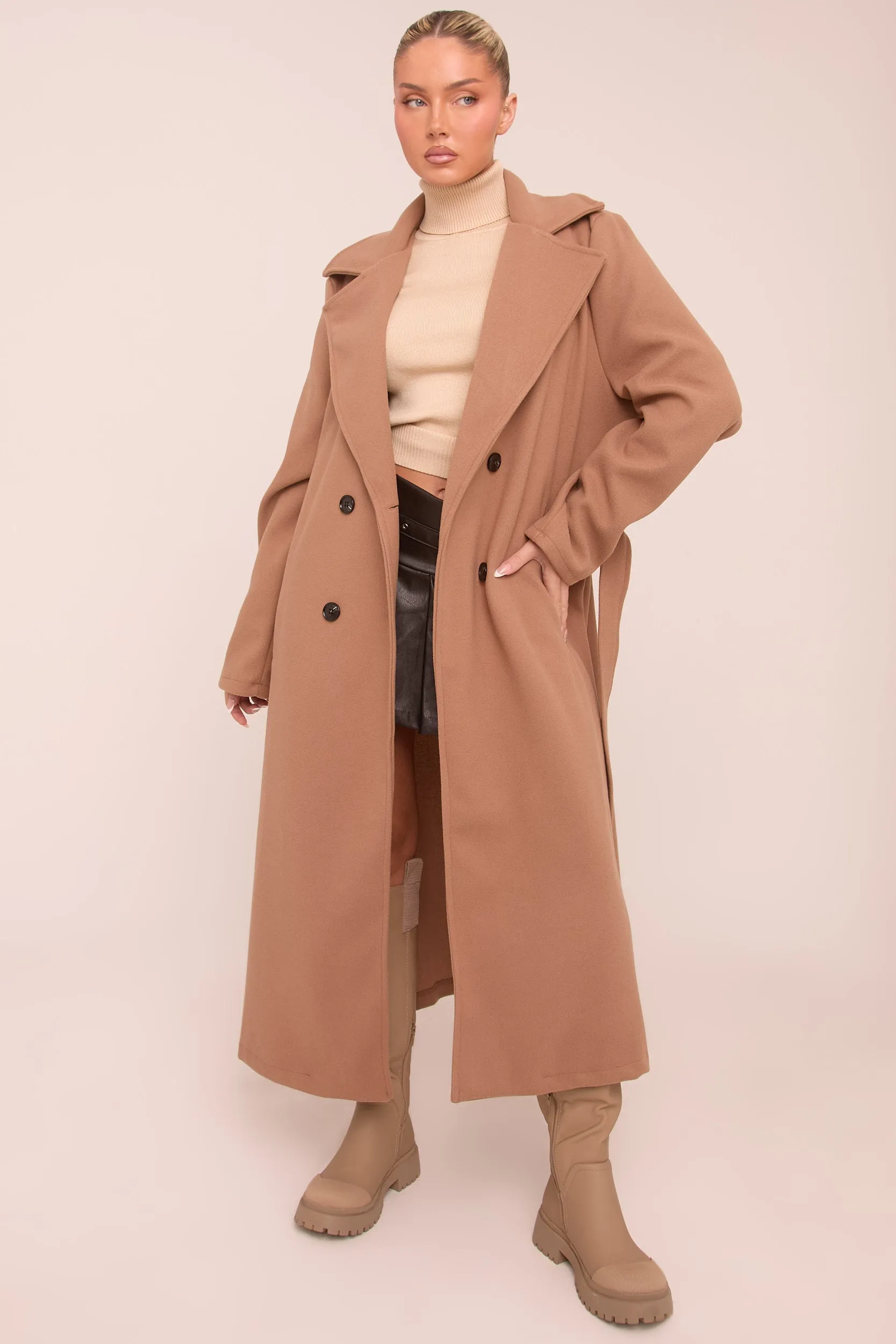 Camel Double Breasted Wool Look Coat - Eloise