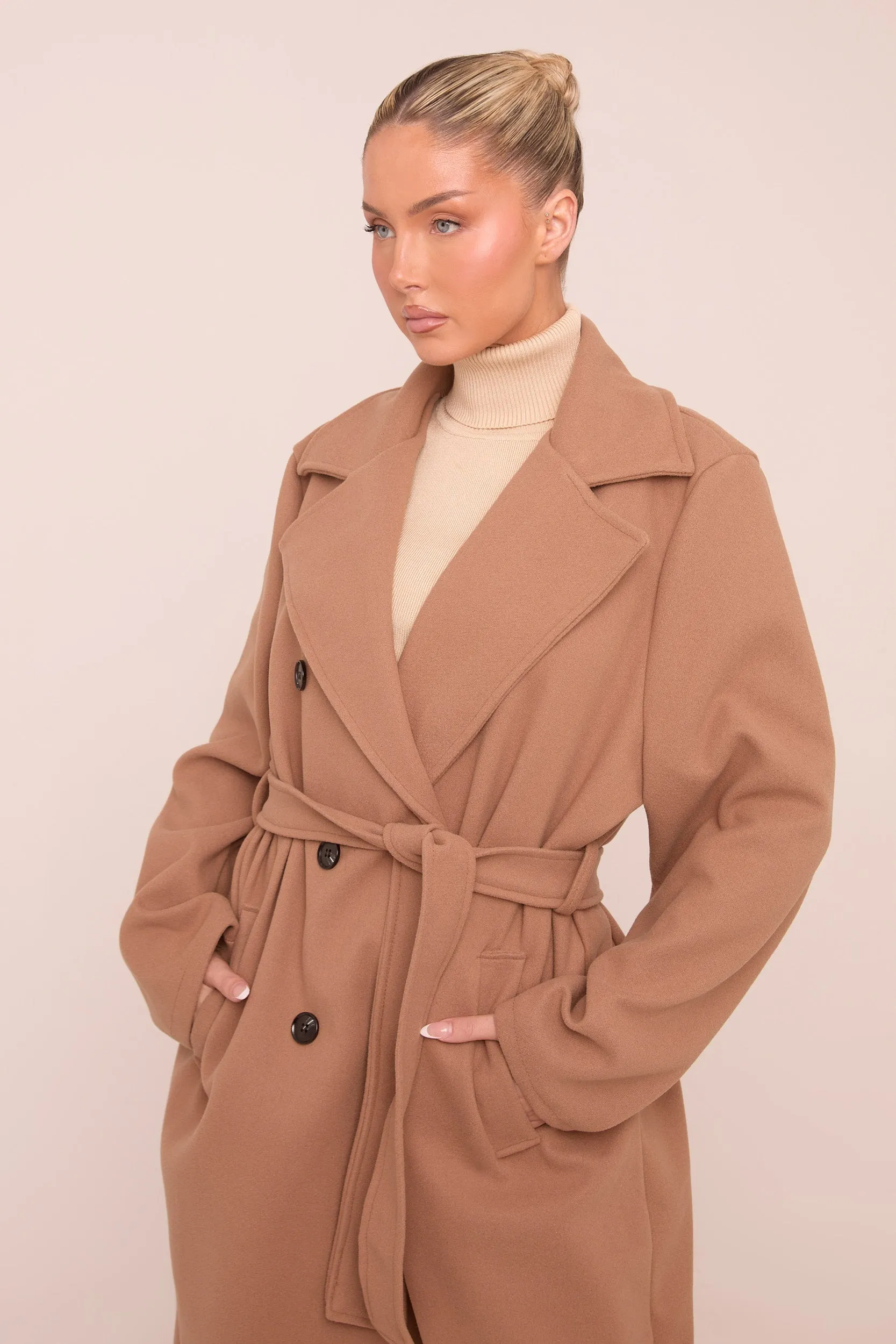 Camel Double Breasted Wool Look Coat - Eloise