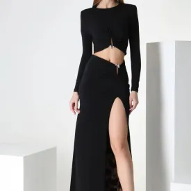 Carla Long Sleeve Top & Side Slit Long Skirt Set