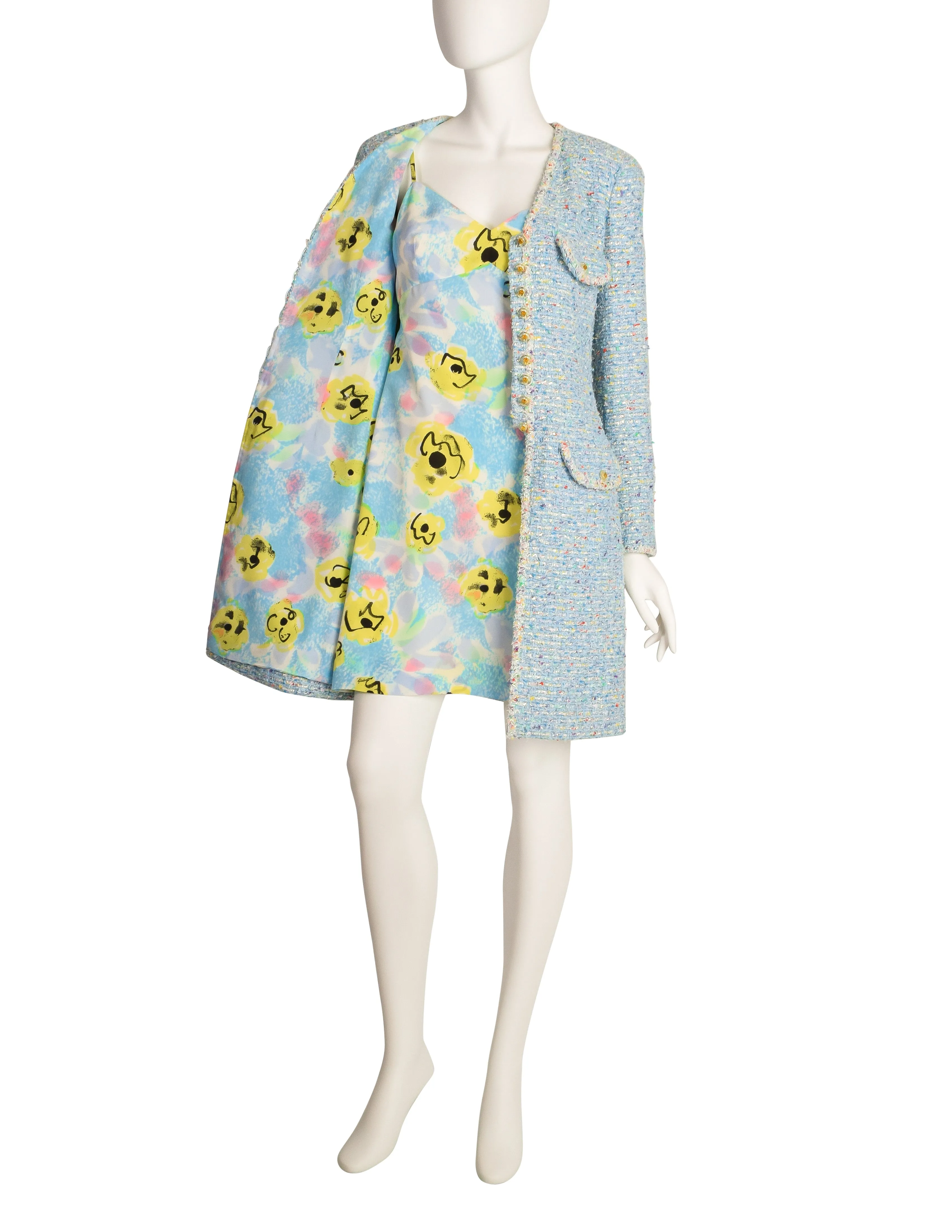 Chanel Vintage 1997 Baby Blue Pastel Camellia Print Silk Dress and Rainbow Boucle Coat Set