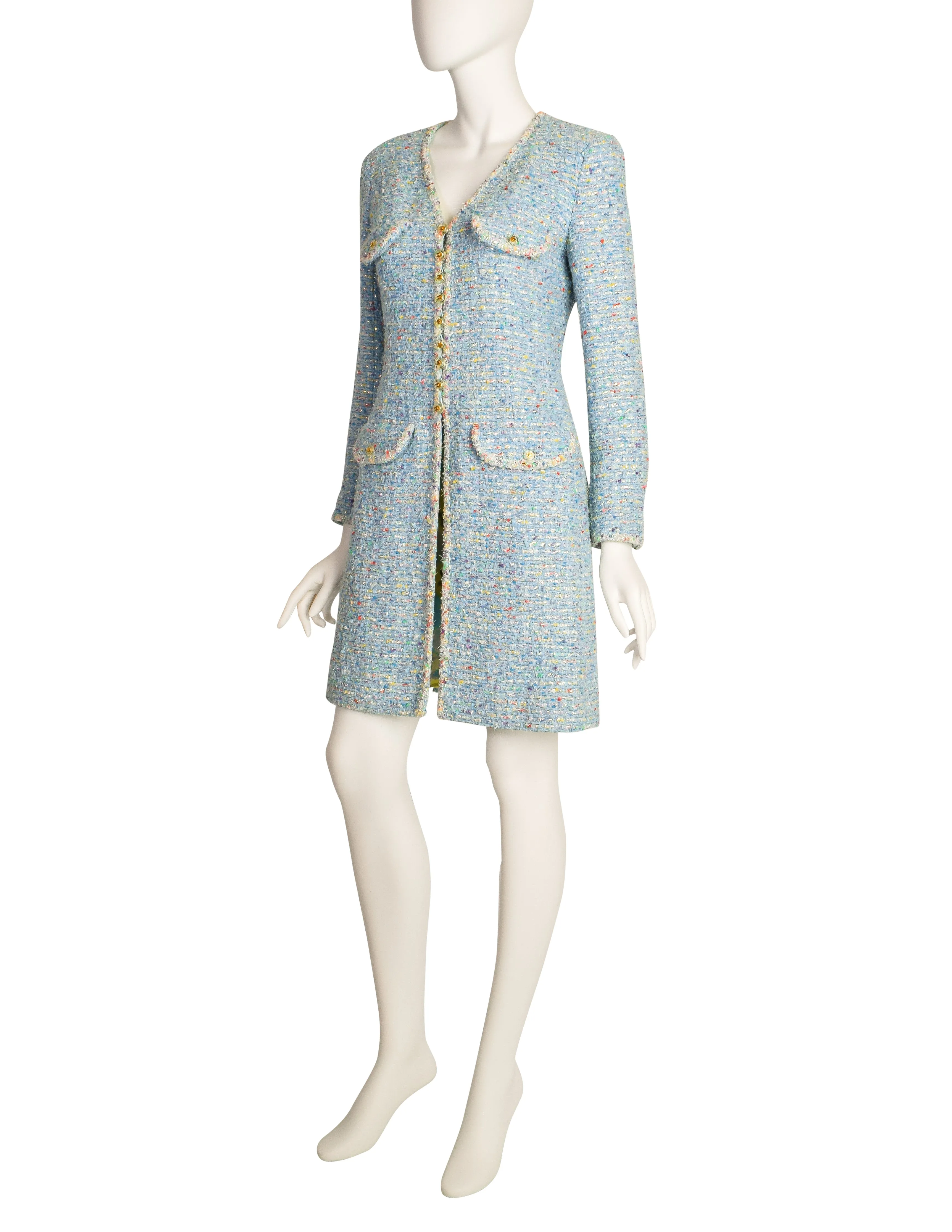 Chanel Vintage 1997 Baby Blue Pastel Camellia Print Silk Dress and Rainbow Boucle Coat Set