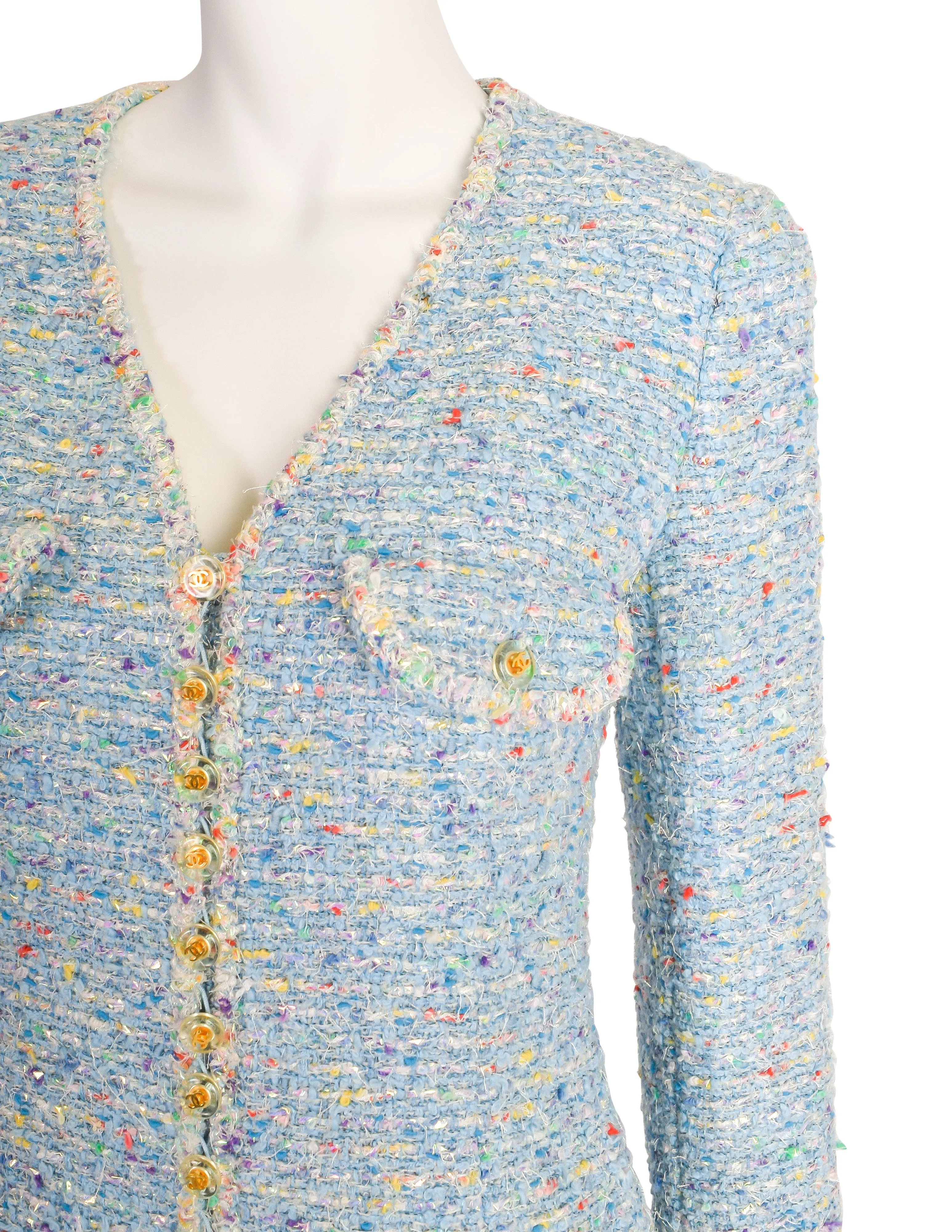 Chanel Vintage 1997 Baby Blue Pastel Camellia Print Silk Dress and Rainbow Boucle Coat Set