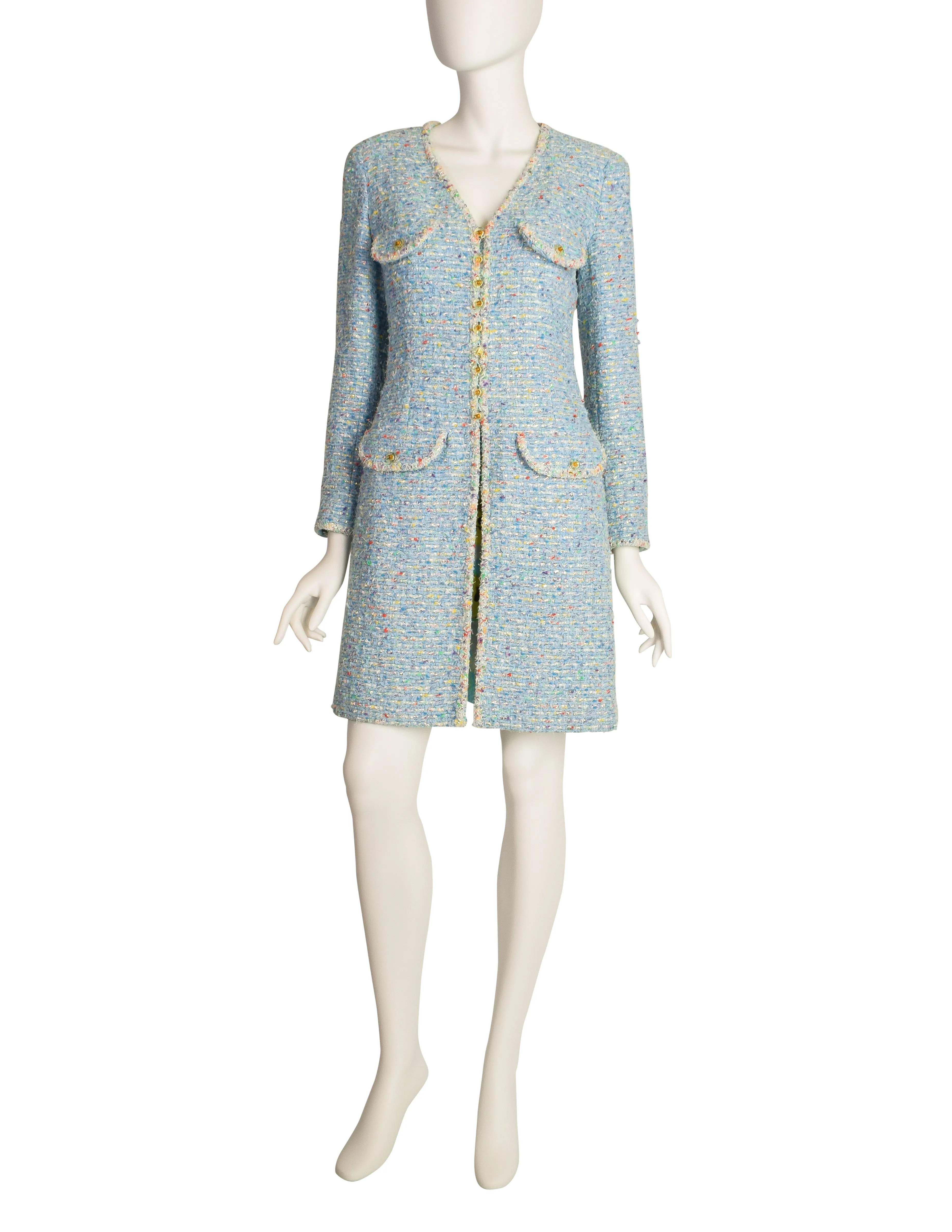 Chanel Vintage 1997 Baby Blue Pastel Camellia Print Silk Dress and Rainbow Boucle Coat Set