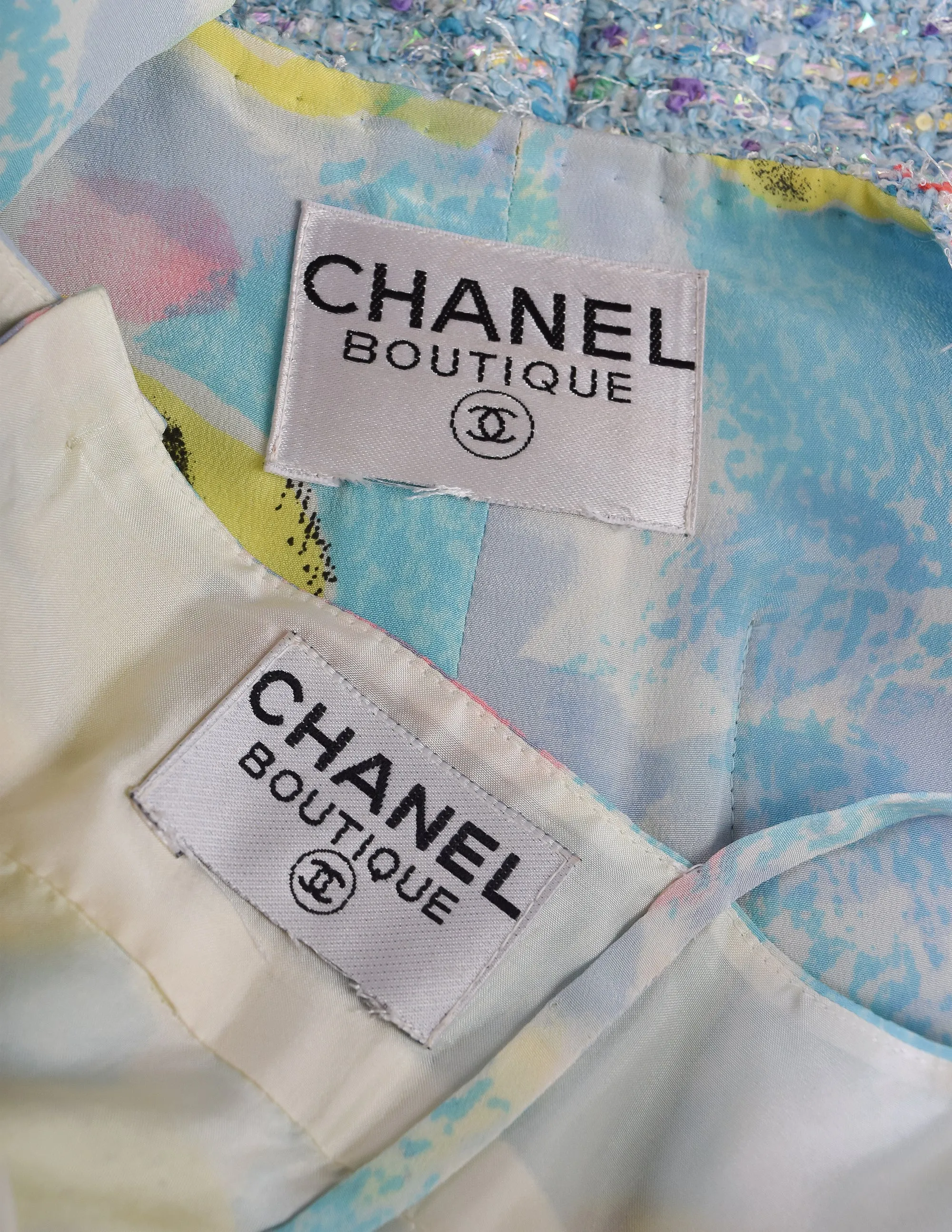 Chanel Vintage 1997 Baby Blue Pastel Camellia Print Silk Dress and Rainbow Boucle Coat Set