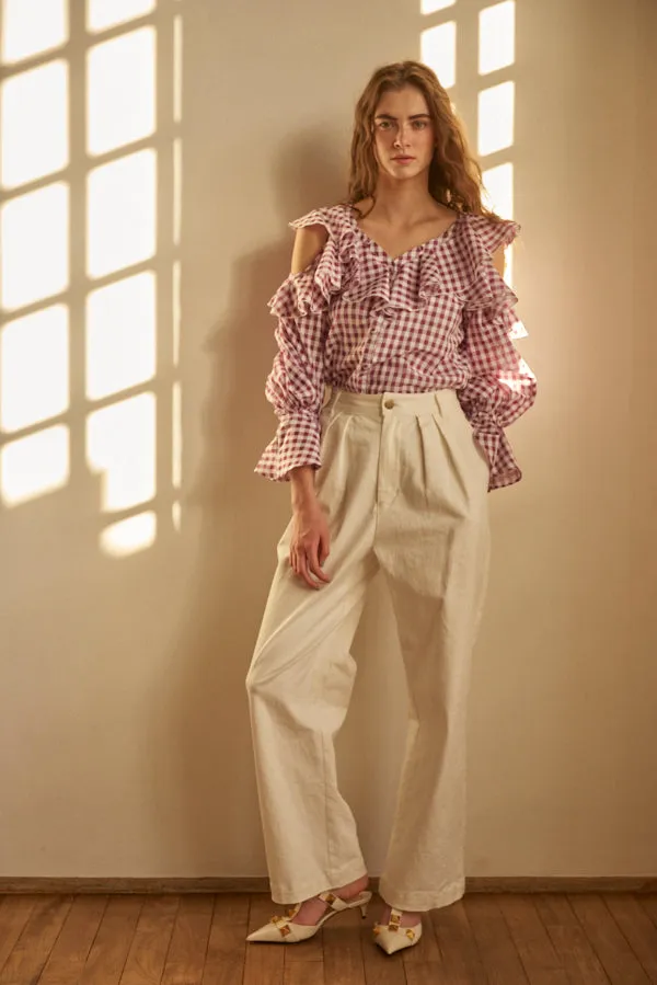 Cold Shoulder Long-Sleeved Blouse  <br>-PUR check-