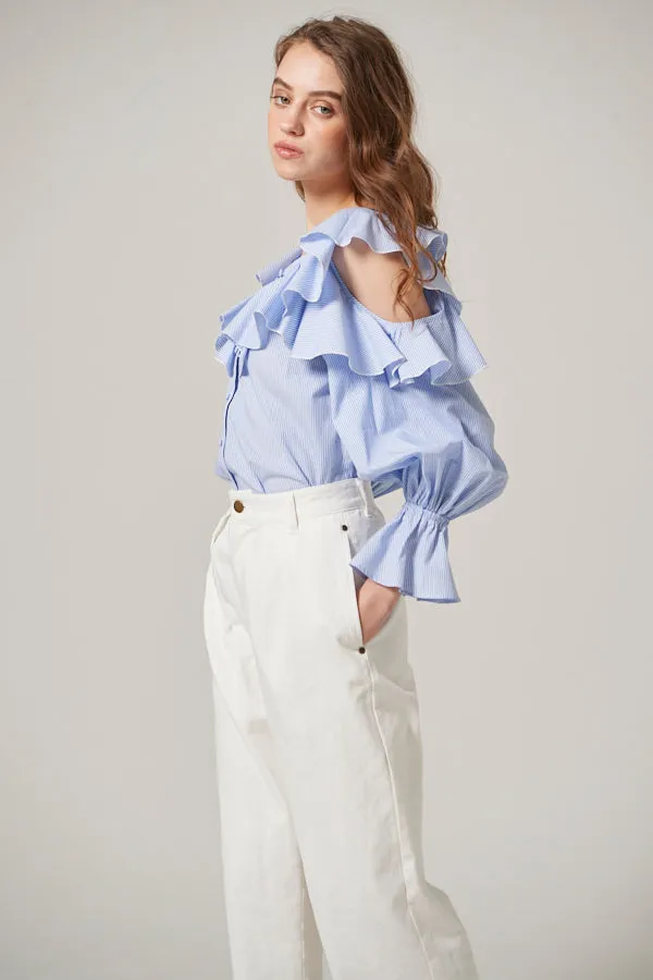 Cold Shoulder Long-Sleeved Blouse <br> -SAX st-