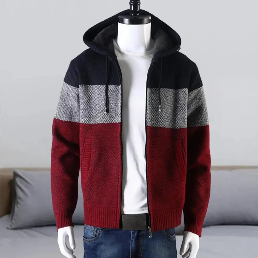 Colorblock Knitted Hooded Men's Sweater Jacket