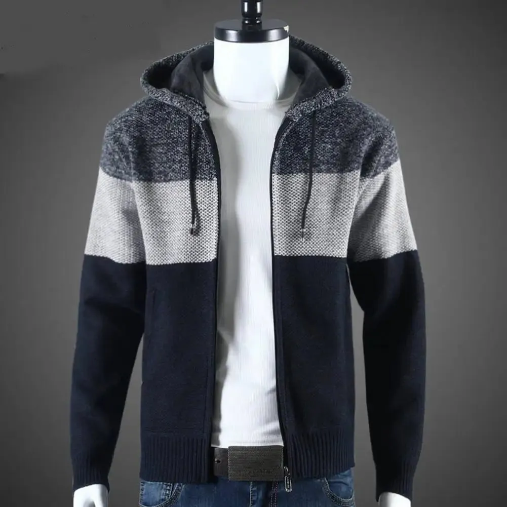 Colorblock Knitted Hooded Men's Sweater Jacket