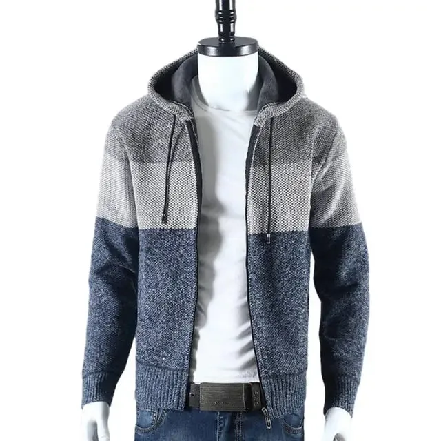 Colorblock Knitted Hooded Men's Sweater Jacket