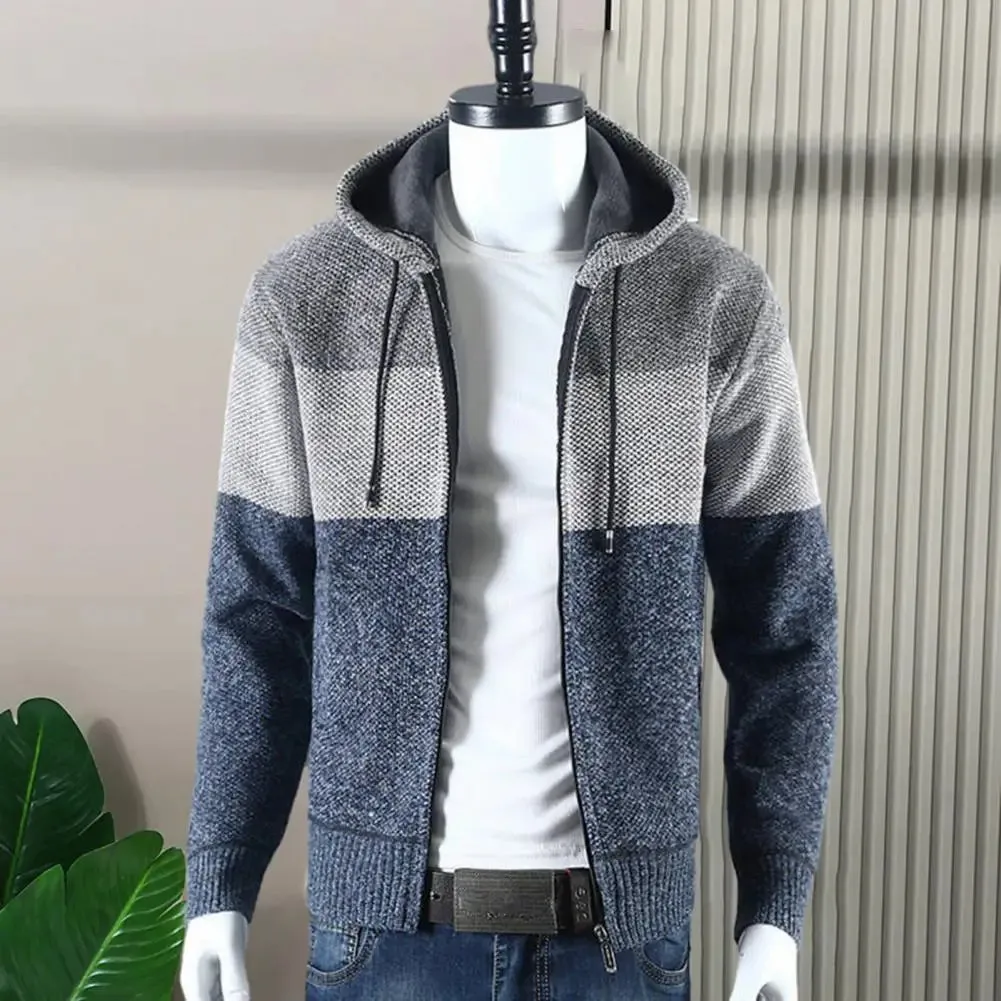 Colorblock Knitted Hooded Men's Sweater Jacket