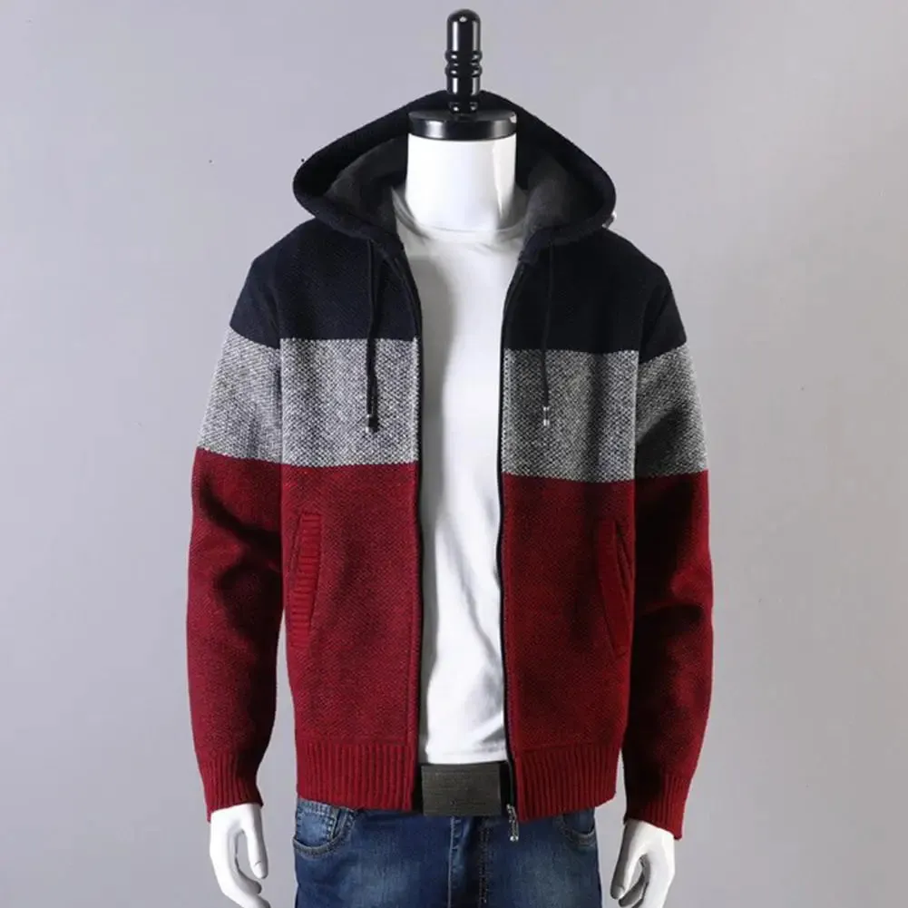 Colorblock Knitted Hooded Men's Sweater Jacket