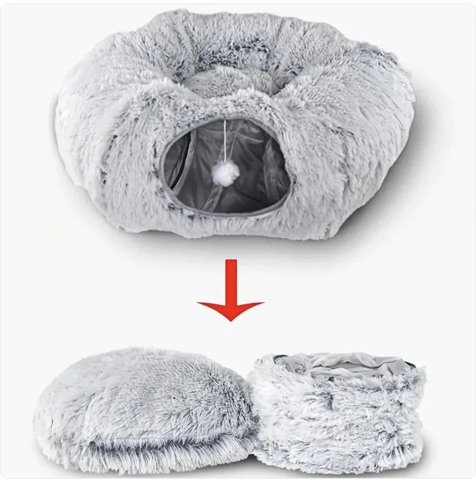 Cozy Plush Cat Tunnel and Nest - Foldable Winter Pet Kennel