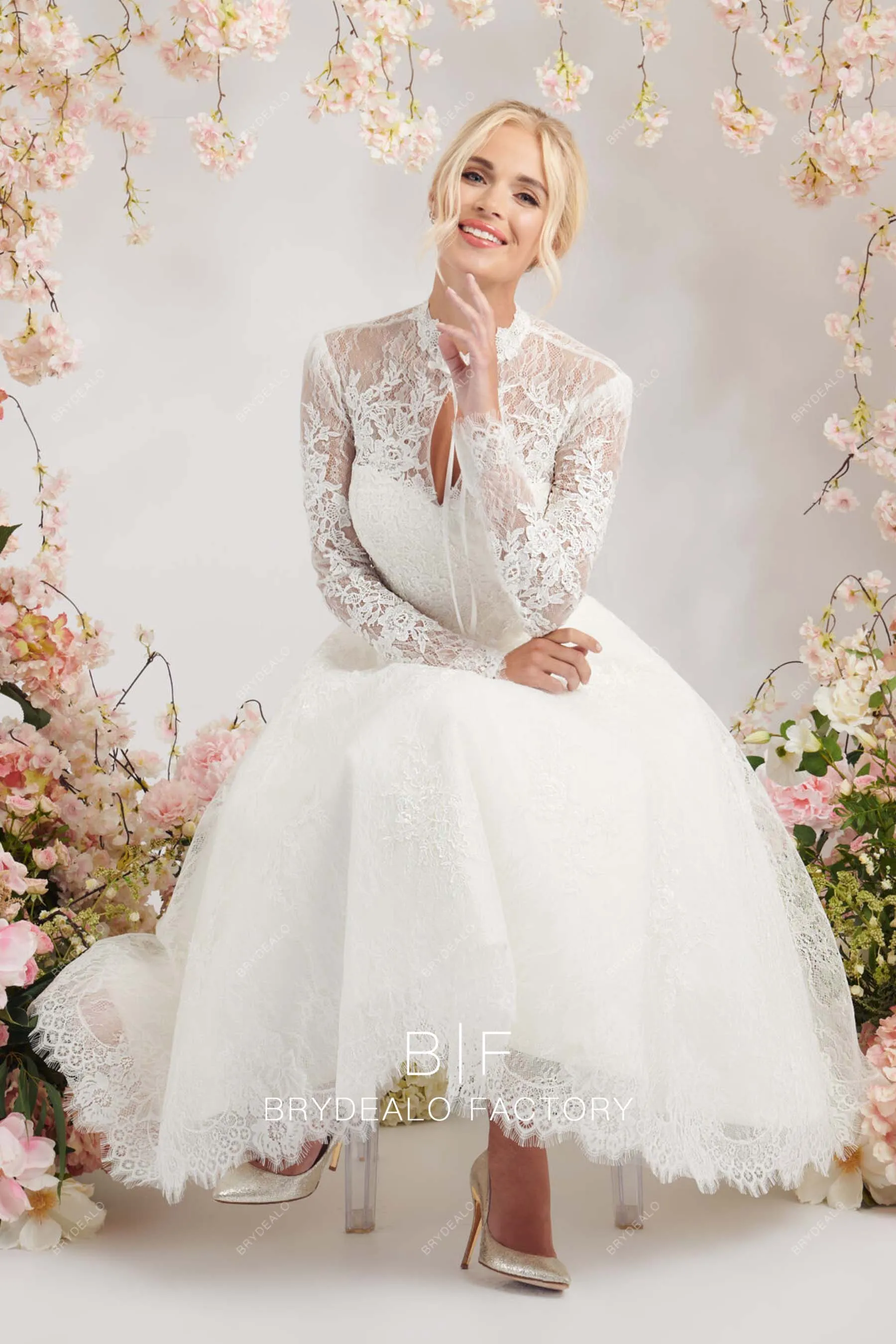 Designer Lace Long Sleeves Keyhole Neck Tea-Length Chic Bridal Dress