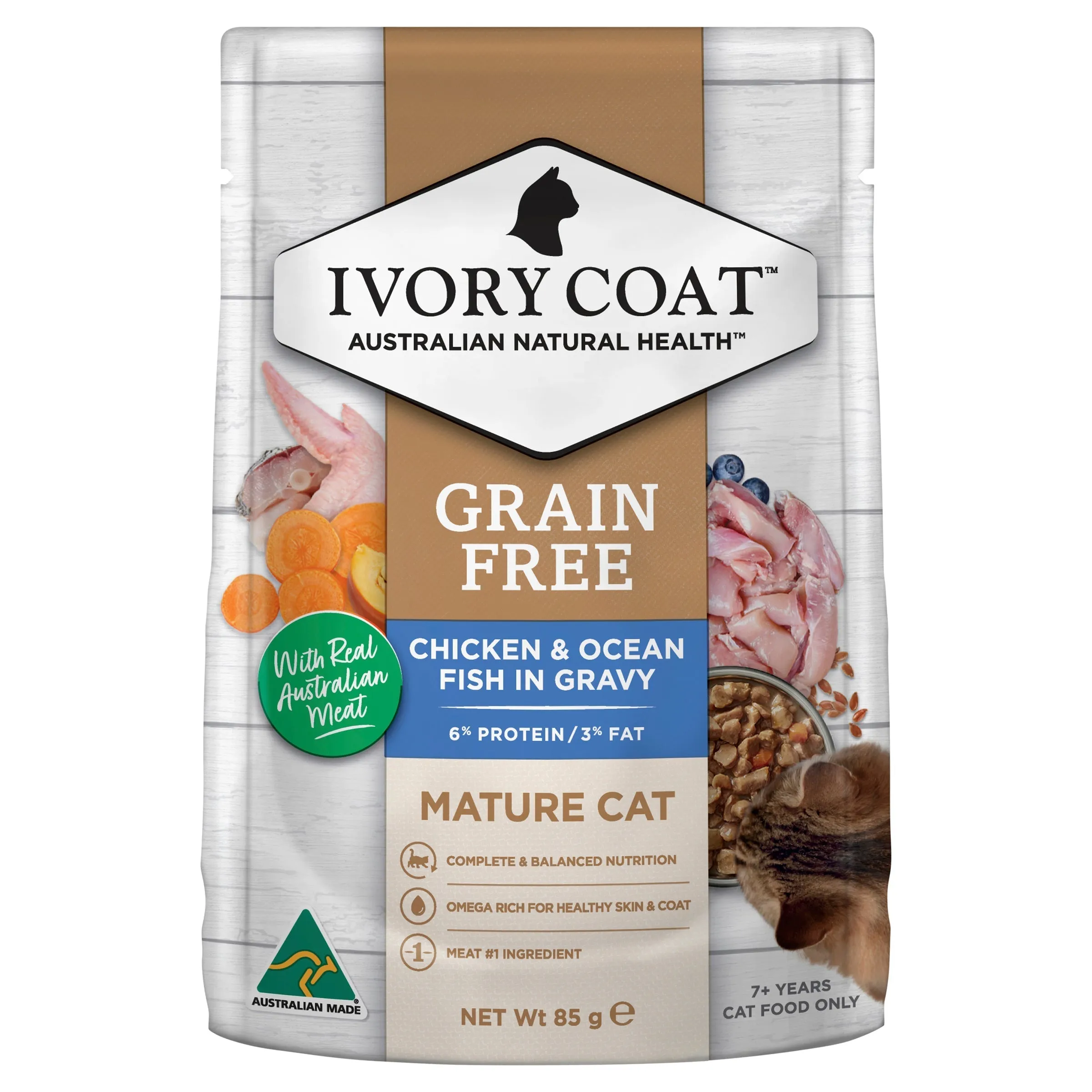 Ivory Coat Grain Free Chicken and Ocean Fish in Gravy Mature Cat Wet Food 85g x 12