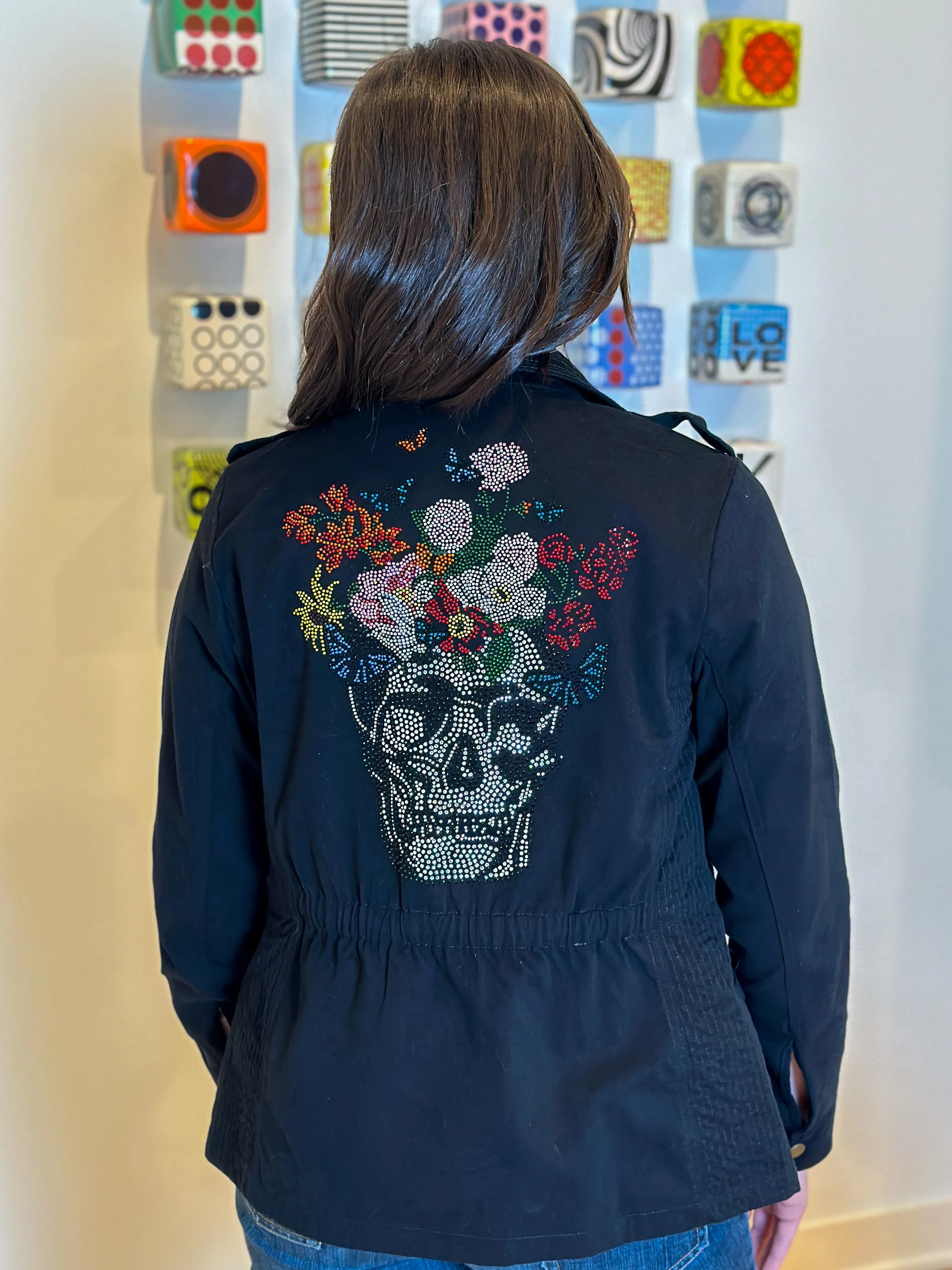 Jacket, Anorak Black, Skull Flowers