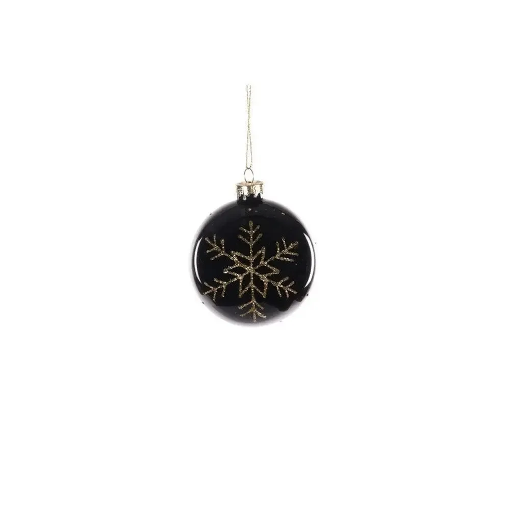 Jingles Glass Black Bauble Gold Snowflake 8cm