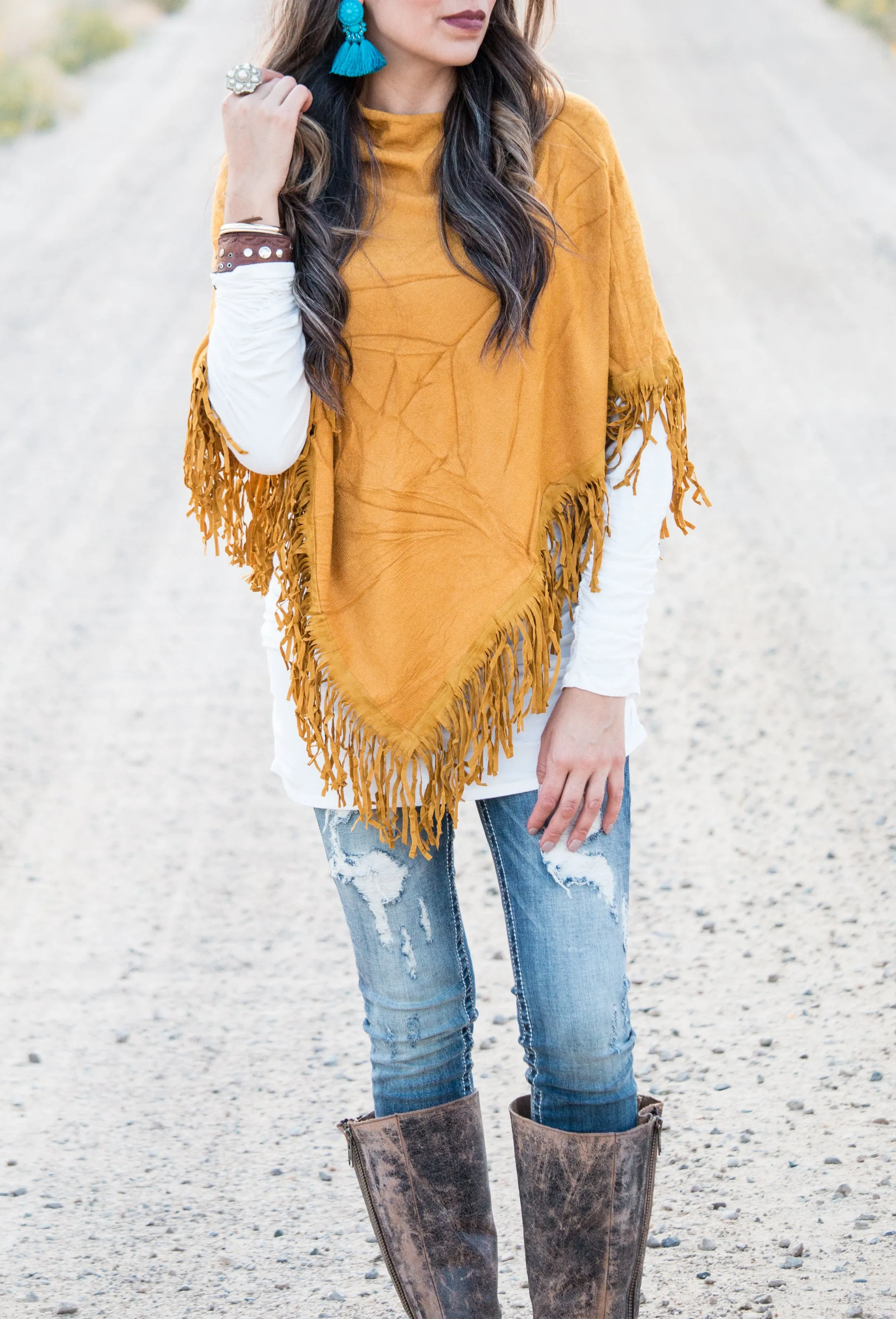 Knit & Suede Fringe Poncho