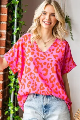 Leopard V-Neck Short Sleeve Woven Top