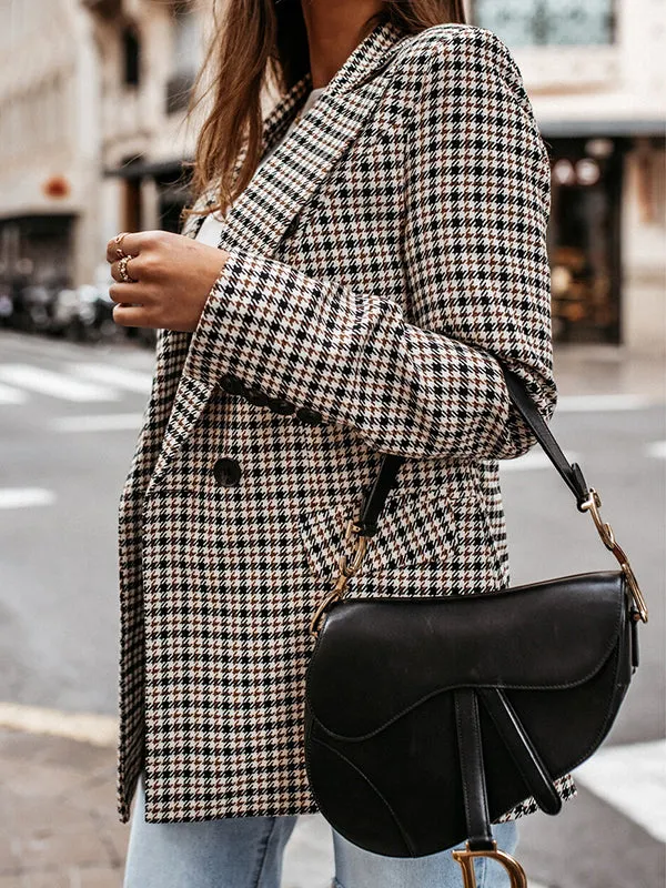 Long Sleeves Loose Buttoned Houndstooth Notched Collar Blazer Outerwear