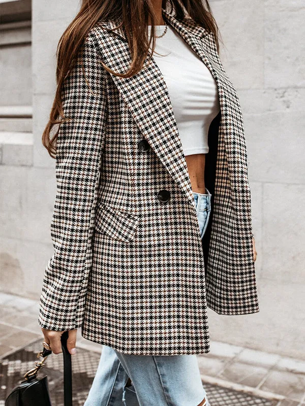 Long Sleeves Loose Buttoned Houndstooth Notched Collar Blazer Outerwear