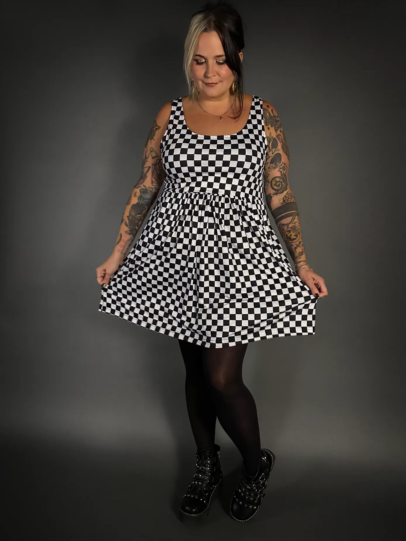 Outfit Set - Tommyrot Checkered Skater Dress & 50 Denier Black Tights by Pamela Mann