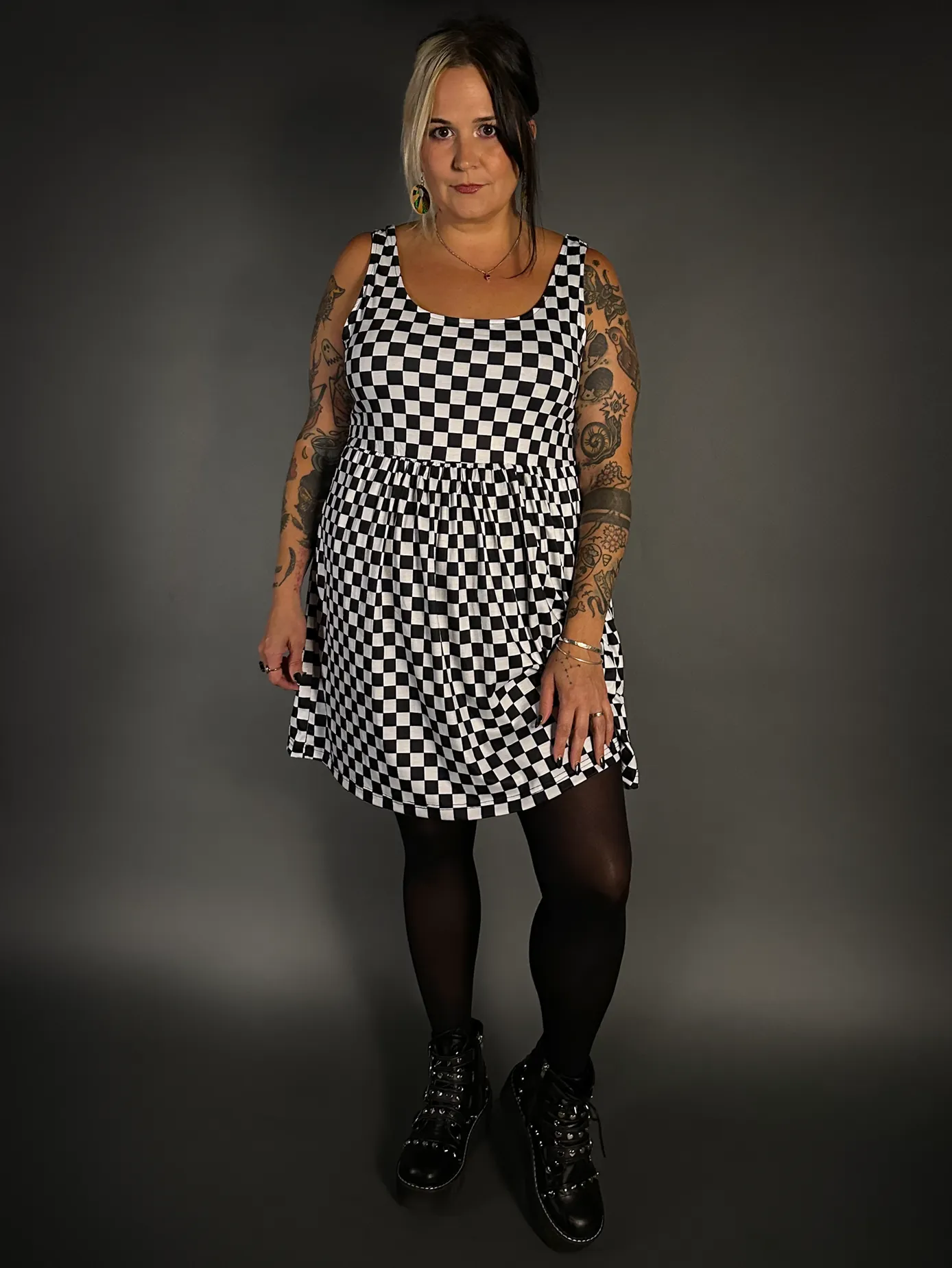 Outfit Set - Tommyrot Checkered Skater Dress & 50 Denier Black Tights by Pamela Mann