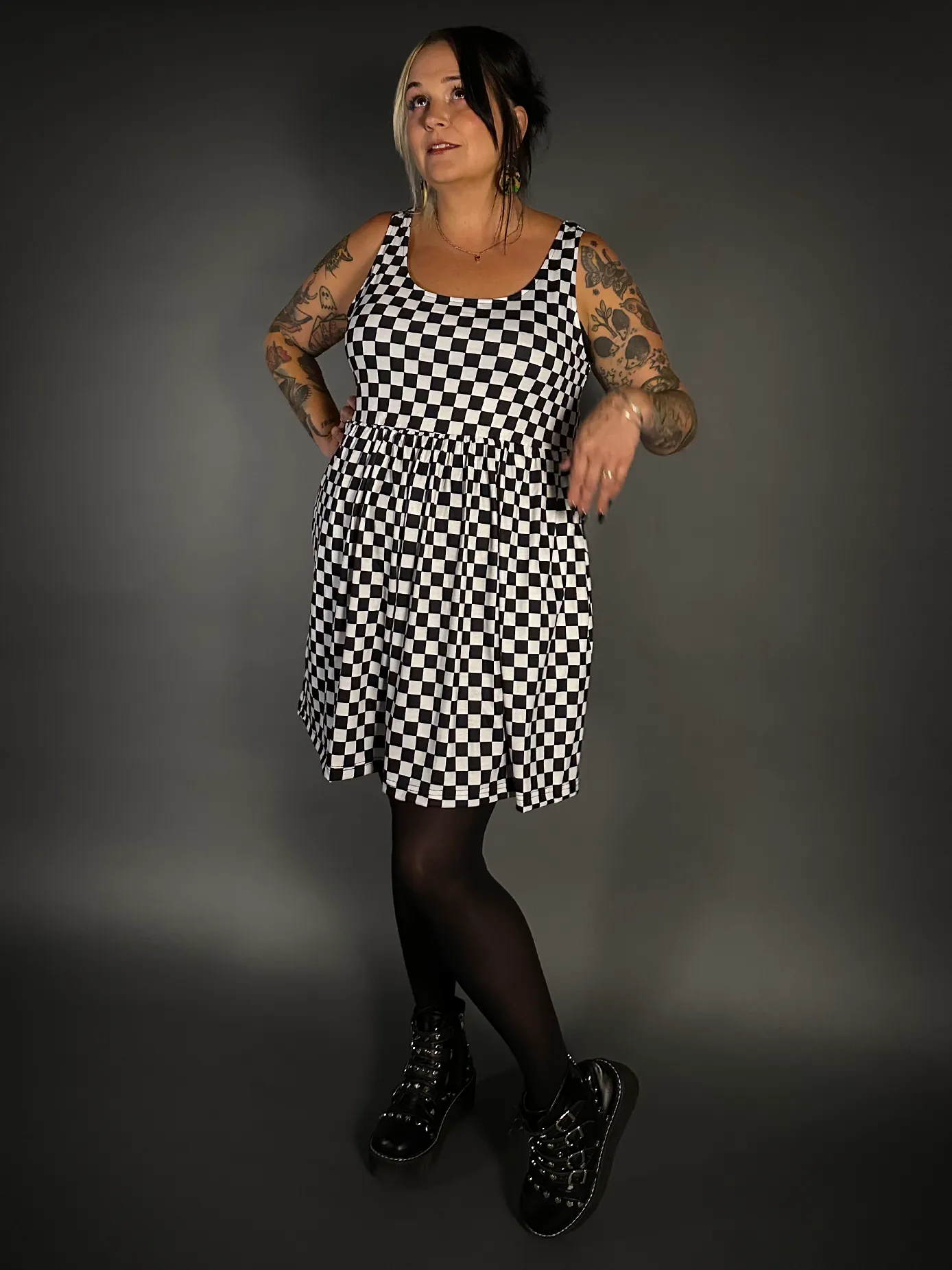 Outfit Set - Tommyrot Checkered Skater Dress & 50 Denier Black Tights by Pamela Mann