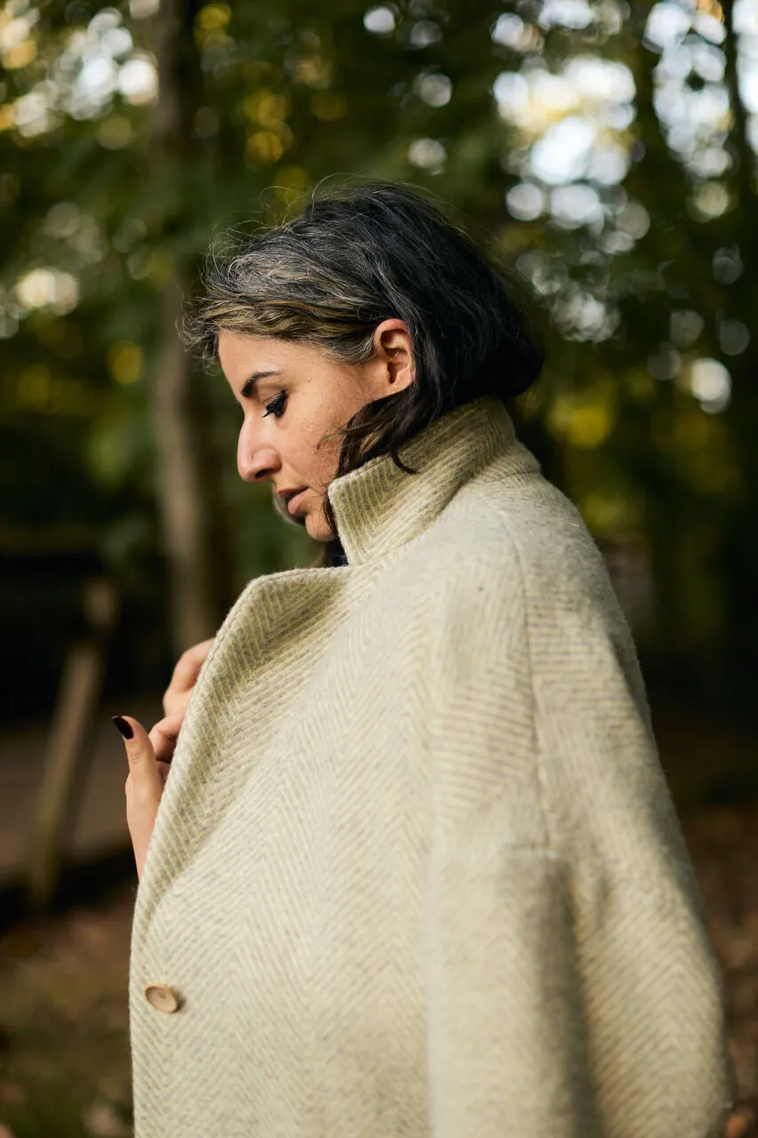 Portuguese Wool Pieper Coat in Light Grey and Cream Thin Herringbone - M Sample