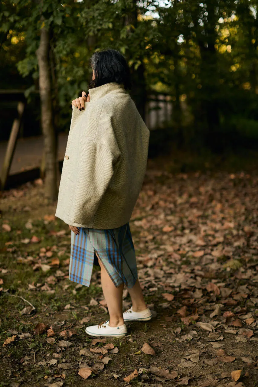 Portuguese Wool Pieper Coat in Light Grey and Cream Thin Herringbone - M Sample