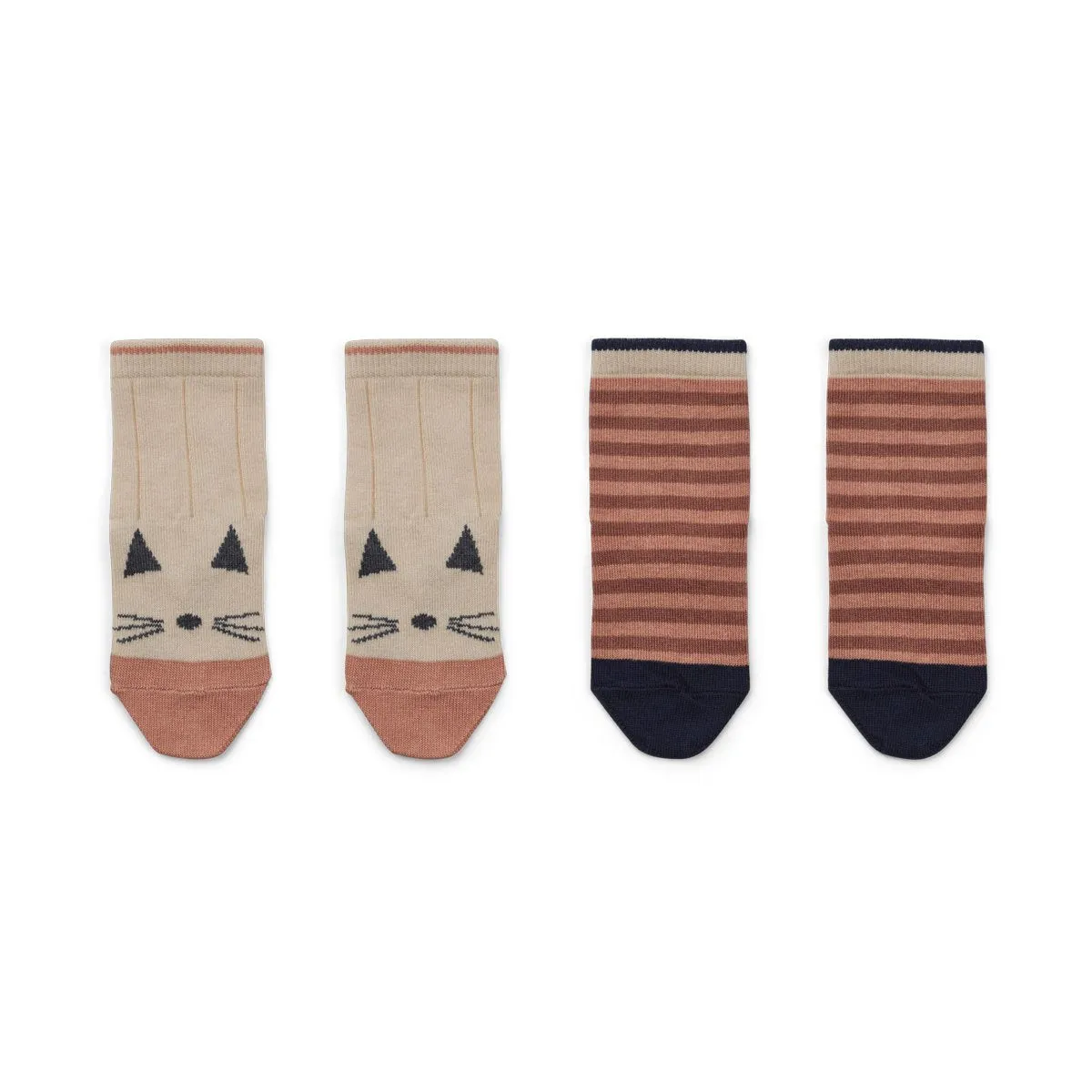 Silas Cotton Socks 2 Pack - Cat/stripe coral blush