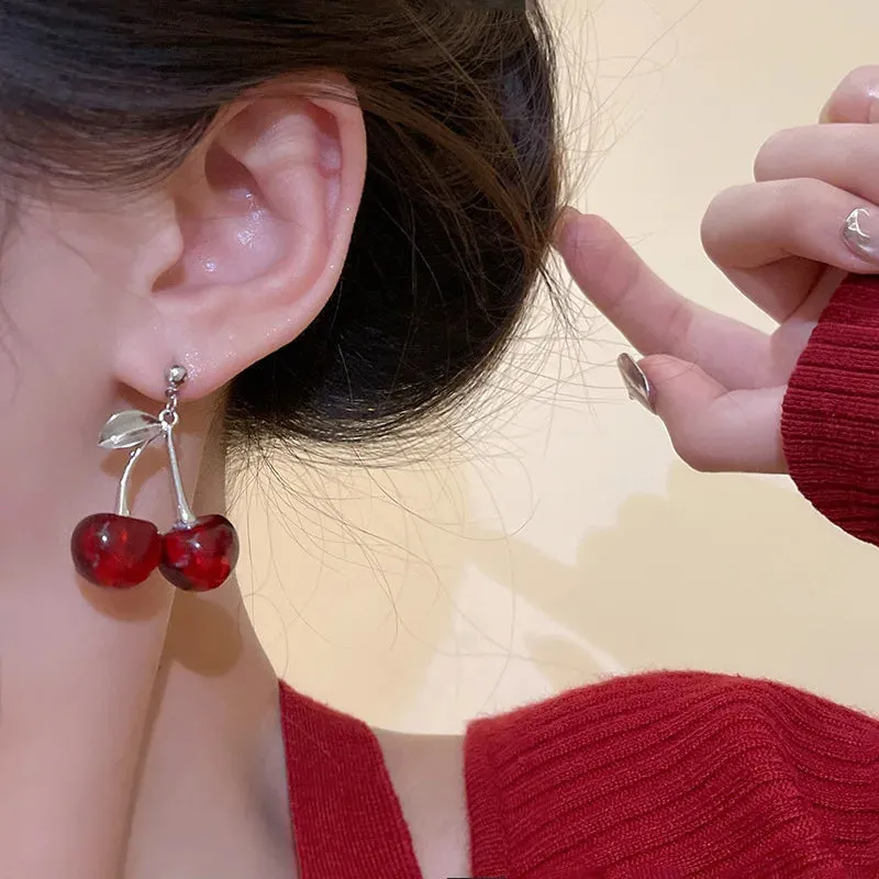 Sweet Summer Red Transparent Cherry Long Nail Anime New Earring