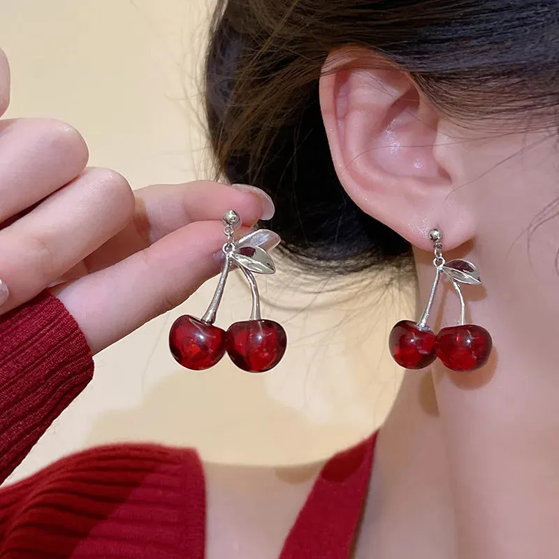 Sweet Summer Red Transparent Cherry Long Nail Anime New Earring