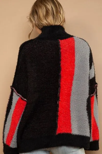 TEEK - Black/Red Turtleneck Color Block Fringe Sweater