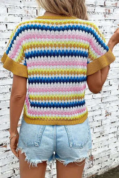 TEEK - Striped Multicolor Short Sleeve Sweater